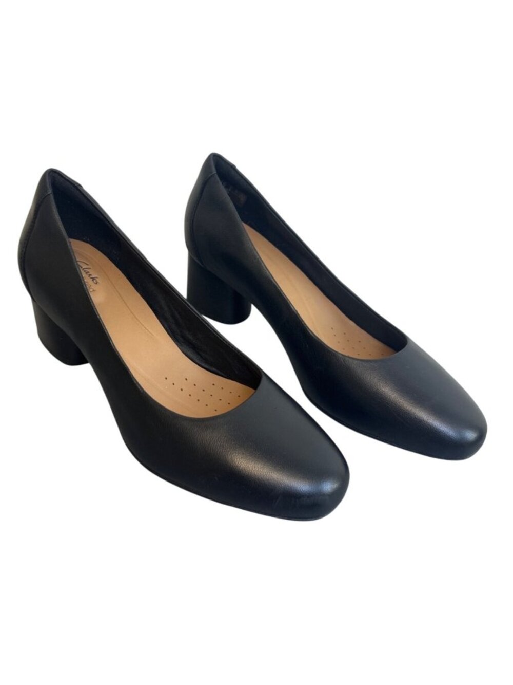 Clarks Women's 8 Black Leather Pumps Block Heel Comfort Office Work Cushioned